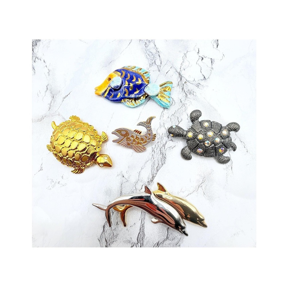 Vintage Sea Life Brooch Lot of 5 West Germany Liz Claiborne Fish Turtles Dolphin